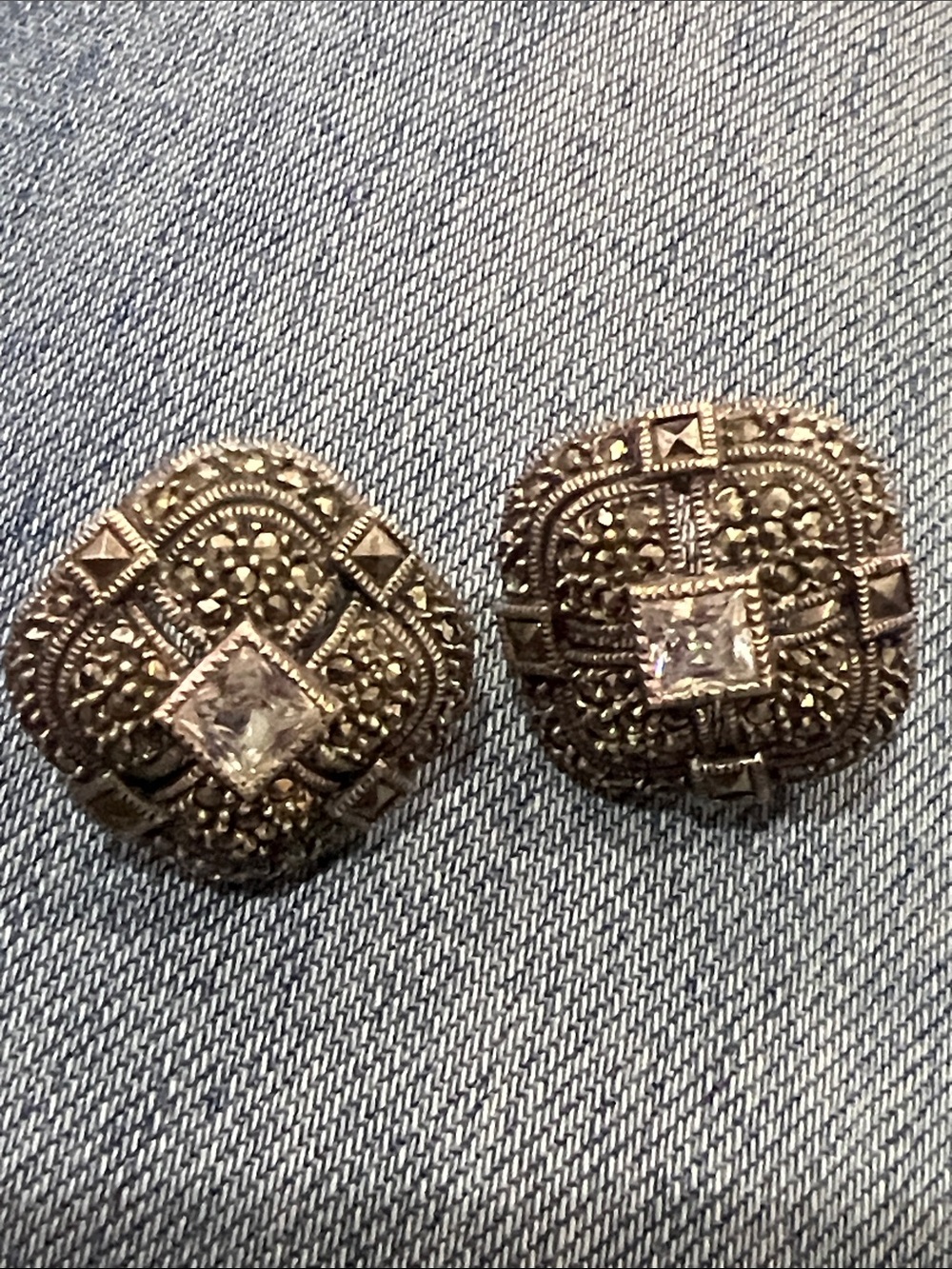 Sterling silver and marcasite Antique-Style Round Filigree Earrings.